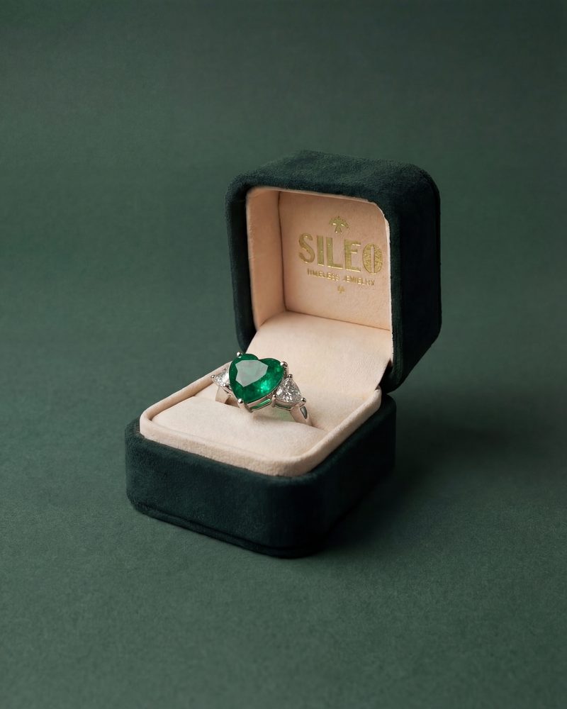 Cushion-cut emerald ring with diamond shoulders, presented in its Sileo box